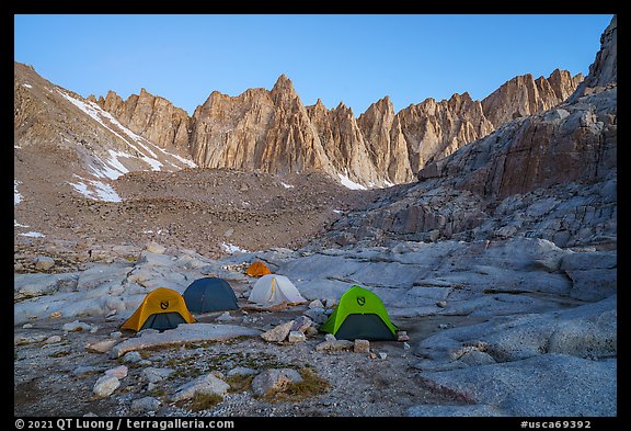 Tents at Trail Camp and Keeler Needles at dawn, Inyo National Forest. Sequoia National Park, California, USA.