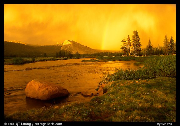 Tuolumne Meadows, Lembert Dome, and rainbow, storm clearing at sunset. Yosemite National Park (color)