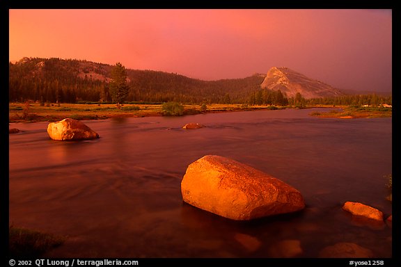 Tuolumne Meadows, Lembert Dome, and rainbow, storm clearing at sunset. Yosemite National Park (color)