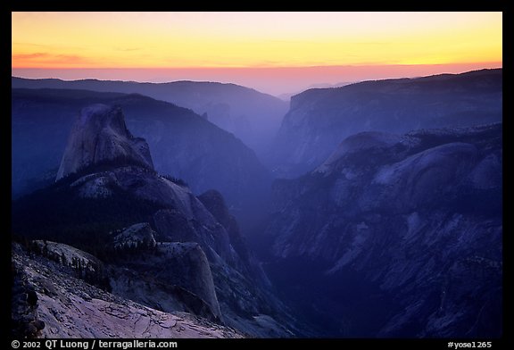 Half-Dome and Yosemite Valley seen from Clouds rest, sunset. Yosemite National Park, California, USA.