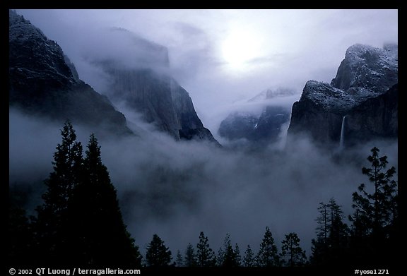 Yosemite Valley from Tunnel View with fog. Yosemite National Park