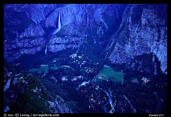 Yosemite Falls, Valley and Village seen from Glacier Point, dusk. Yosemite National Park, California, USA.