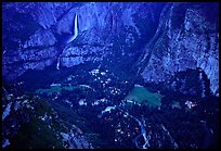 Yosemite Falls, Valley and Village seen from Glacier Point, dusk. Yosemite National Park, California, USA.