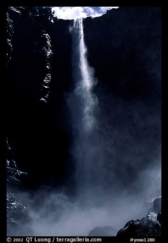 Bridalveil Falls as sun reaches upper shaft of water. Yosemite National Park (color)