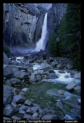 Lower Yosemite Falls, dusk. Yosemite National Park, California, USA.