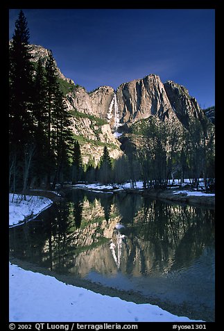 Merced River and Yosemite Falls from Swinging Bridge, winter morning. Yosemite National Park, California, USA.