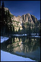 Merced River and Yosemite Falls from Swinging Bridge, winter morning. Yosemite National Park, California, USA. (color)