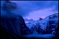 Yosemite Valley with fog, winter sunset. Yosemite National Park, California, USA.