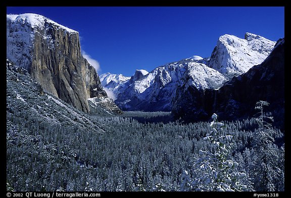 Yosemite Valley from Tunnel View in winter with snow-covered trees and mountains. Yosemite National Park, California, USA.