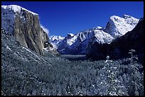 Yosemite Valley from Tunnel View in winter with snow-covered trees and mountains. Yosemite National Park, California, USA.