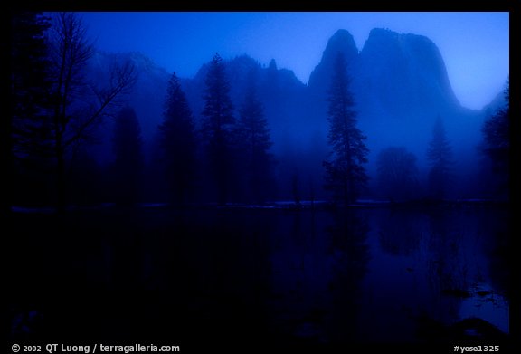 Cathedral rocks with mist, winter dusk. Yosemite National Park, California, USA.