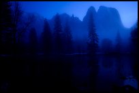 Cathedral rocks with mist, winter dusk. Yosemite National Park, California, USA.