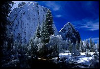 Cathedral rocks with fresh snow, early morning. Yosemite National Park, California, USA.