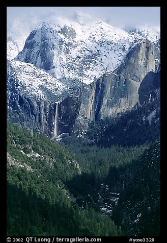 Bridalveil Falls and Cathedral rocks in winter. Yosemite National Park, California, USA.