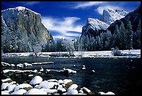 Valley View in winter with fresh snow. Yosemite National Park, California, USA.