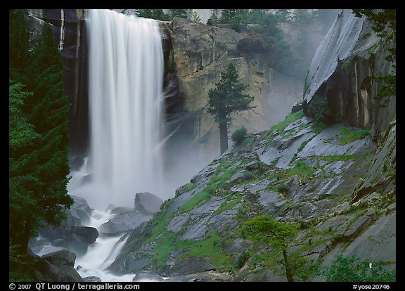 Vernal Fall and wet granite slab. Yosemite National Park (color)