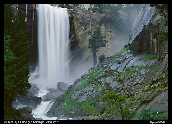 Vernal Fall and wet granite slab. Yosemite National Park, California, USA.