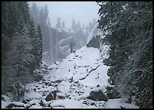 Thin flow of Vernal Fall in winter. Yosemite National Park, California, USA.