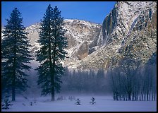 Awhahee Meadow and Yosemite falls wall with snow, early winter morning. Yosemite National Park, California, USA.