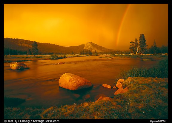 Tuolumne River, Lambert Dome, and rainbow, evening storm. Yosemite National Park (color)