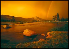 Tuolumne River, Lambert Dome, and rainbow, evening storm. Yosemite National Park, California, USA.