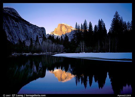 Half-Dome reflected in Merced River near Sentinel Bridge, sunset. Yosemite National Park, California, USA.