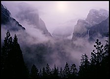 Yosemite Valley from Tunnel View with fog. Yosemite National Park, California, USA. (color)