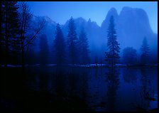 Cathedral rocks with mist, winter dusk. Yosemite National Park, California, USA. (color)