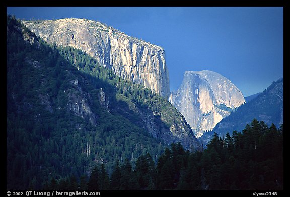 El Capitan and Half Dome viewed from Big Oak Flat Road, afternoon storm light. Yosemite National Park (color)