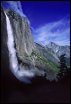 Upper Yosemite Falls and Half-Dome, early afternoon. Yosemite National Park, California, USA.