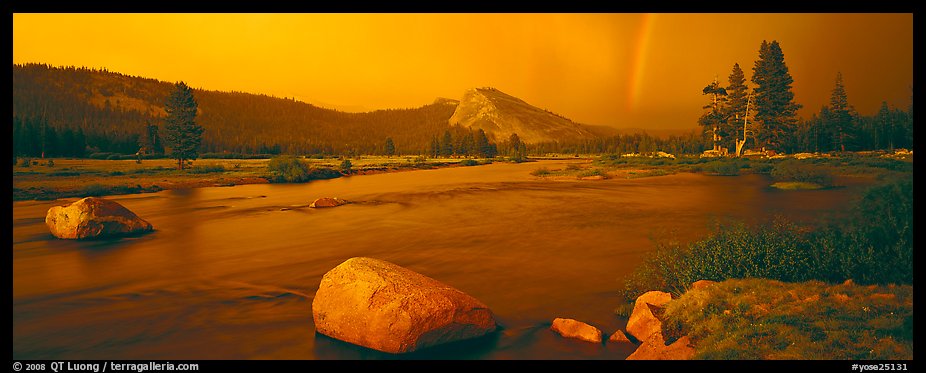 Tuolumne River, Lambert Dome, and rainbow, evening storm. Yosemite National Park (color)