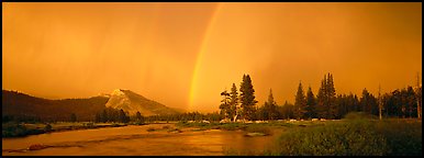 Evening storm with rainbow over Tuolumne Meadows. Yosemite National Park, California, USA.