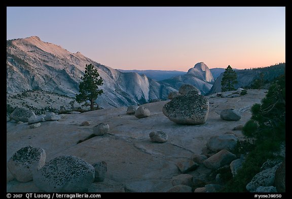 Glacial erratic boulders, Clouds Rest, and Half-Dome from Olmstedt Point, dusk. Yosemite National Park (color)