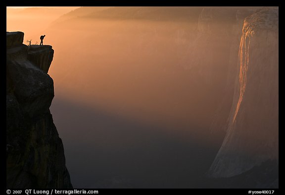 Hiker looking down Yosemite Valley from Taft point at sunset. Yosemite National Park, California, USA.