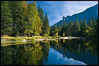 Merced River with fall colors and Sentinel Rocks reflections. Yosemite National Park, California, USA.