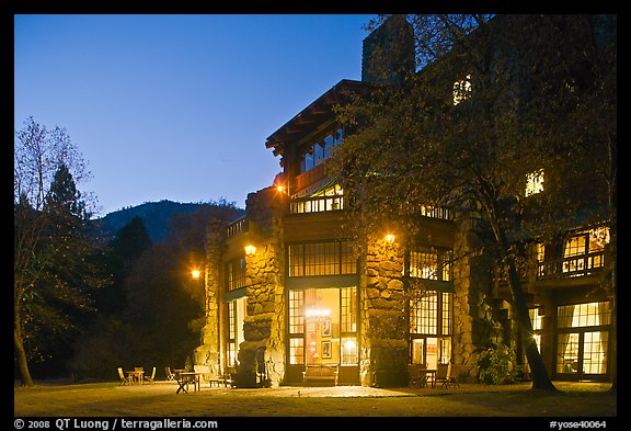 Lights of Ahwahnee hotel at night. Yosemite National Park, California, USA.