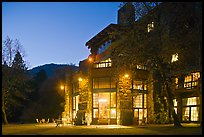 Lights of Ahwahnee hotel at night. Yosemite National Park, California, USA.