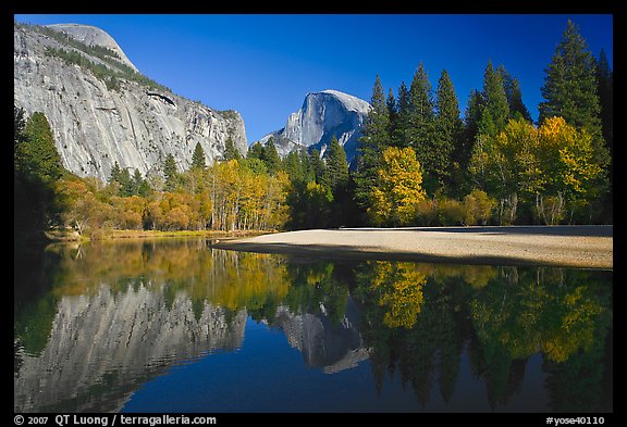 North Dome and Half Dome reflected in Merced River. Yosemite National Park, California, USA.