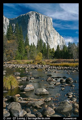 Pebbles, Merced River, and El Capitan, morning. Yosemite National Park, California, USA.