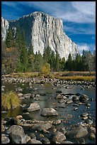 Pebbles, Merced River, and El Capitan, morning. Yosemite National Park, California, USA.