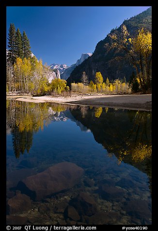 Rocks and Merced River reflections of trees and Half-DOme. Yosemite National Park, California, USA.