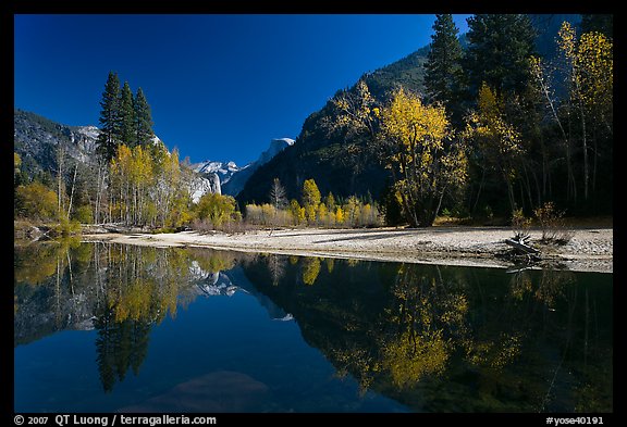 Banks of  Merced River with Half-Dome reflections in autumn. Yosemite National Park (color)