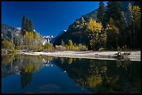 Banks of  Merced River with Half-Dome reflections in autumn. Yosemite National Park, California, USA.