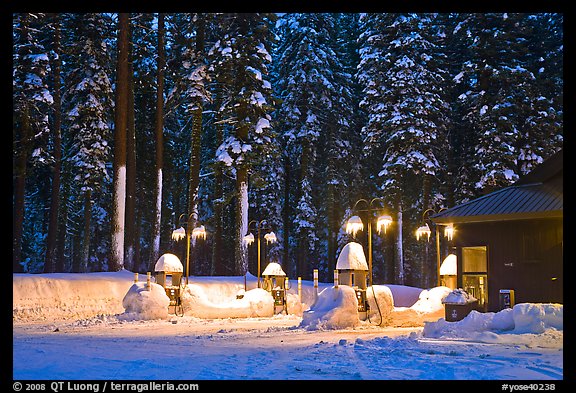 Crane Flat gas station with snow at dusk. Yosemite National Park, California, USA.