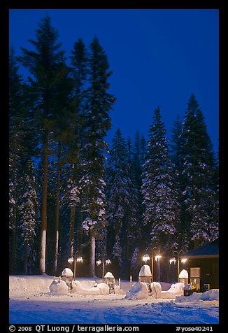 Well-lit gas station and snowy trees. Yosemite National Park, California, USA.