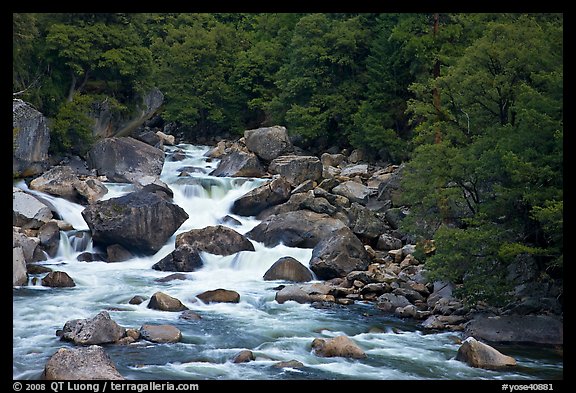 Merced River and boulders in spring, Lower Merced Canyon. Yosemite National Park (color)