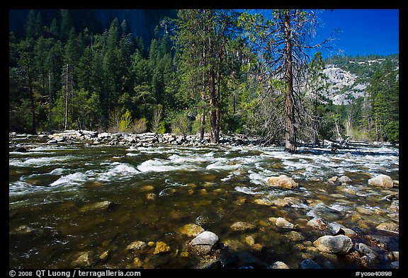 Wide stretch of Merced River in spring, Lower Merced Canyon. Yosemite National Park (color)