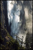 Bridalveil fall with water sprayed by wind gusts. Yosemite National Park, California, USA.