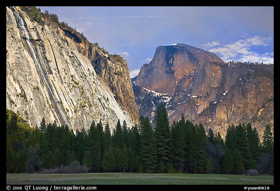 Seasonal waterfall on Royal Arches and Half-Dome. Yosemite National Park, California, USA.