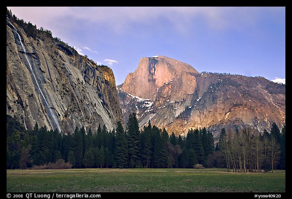 Seasonal waterfall and Half-Dome from Awhanhee Meadow. Yosemite National Park, California, USA.